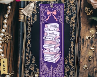 Book Tropes Romance Reader Pink Purple Dark Coquette Floral Bow Printable Bookmarks, Bookish Bookmark, Digital Download, DIY Gift for Reader