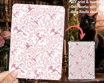 Romantasy Pink Dragons White Background Kindle Insert Clear Case PNG, Paperwhite, Basic, Colorsoft Printable, Digital Download