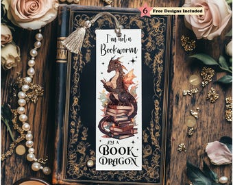 Bookworm Book Dragon Printable Anime Bookmark for Women PNG, Book Lover Gift for Readers, Bookish Merch, Digital Download, Gift for Her