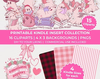 Bookish Ghosts Ghosties Pink Kawaii Cute Gothic Stripes Kindle Insert Collection Clipart PNGs, Junk Journal, Scrapbooking, Digital Download
