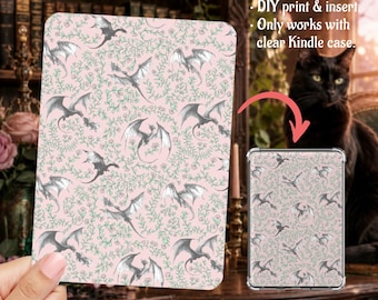Romantasy Flying Black Dragons Pink Cottagecore Kindle Insert Clear Case PNG, Paperwhite, Basic, Colorsoft Printable, Digital Download