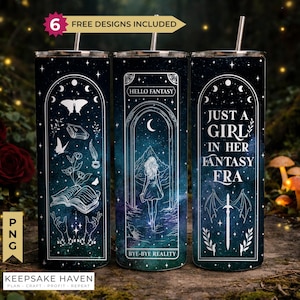 May include: Three cylindrical tumblers with a dark blue and purple galaxy background featuring white line art. Designs include a butterfly, open book, hands, a person walking toward mountains, and the text "HELLO FANTASY," "BYE-BYE REALITY," and "JUST A GIRL IN HER FANTASY ERA."