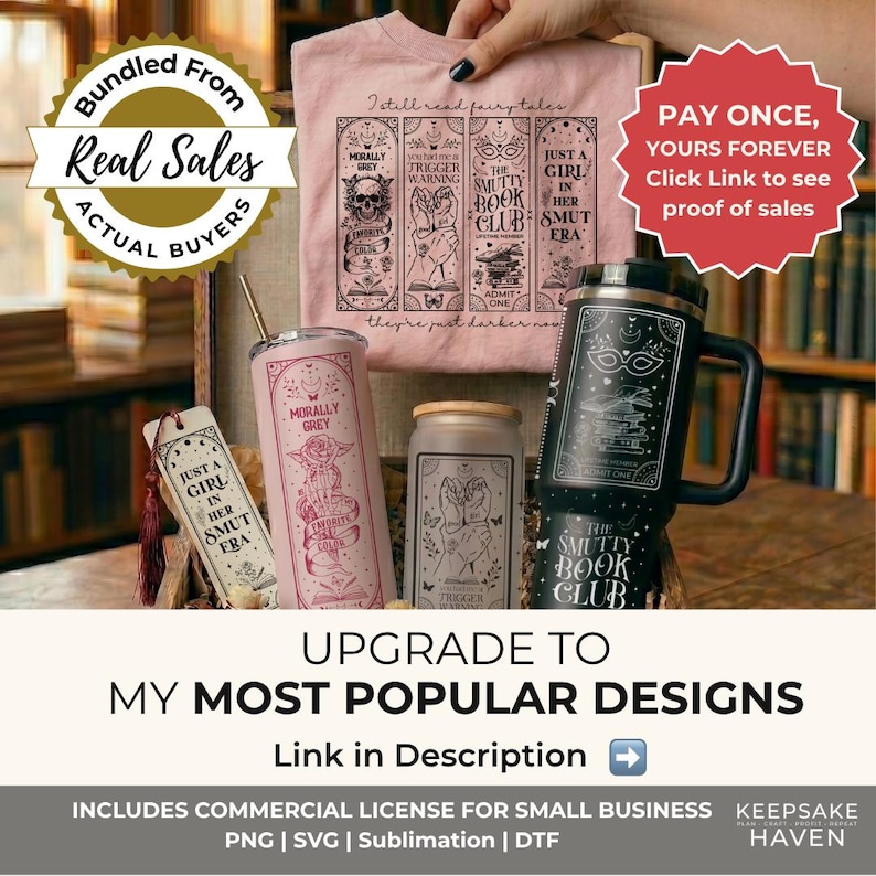 The image is an advertisement for a merchandise collection, featuring a variety of items such as a pink t-shirt, a mug, and a book. The text on the image includes a message about a "Bundled from Real Sales" and a "Pay Once, Yours Forever" offer, along with a "Link in Description" button for customers to learn more about the merchandise.