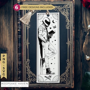 May include: Black and white bookmark featuring a motorcycle rider reading a book, with a helmet and jacket. The bookmark includes the text "6 FREE DESIGNS INCLUDED" and the logo "PNG SVG KEEPSAKE HAVEN PLAN CRAFT PROFIT REPEAT".