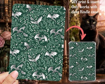 Romantasy Flying Black Dragons Green Cottagecore Kindle Insert Clear Case PNG, Paperwhite, Basic, Colorsoft Printable, Digital Download