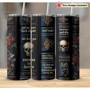 Donkere romantiek schedel rozen vintage lederen boek tropen 20oz magere beker PNG, naadloze volledige omslag sublimatie ontwerp, digitale download