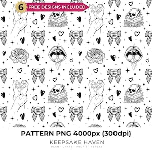 Dark Romance Cherry Lips and Gothic Line Arts, Seamless Digital Pattern Paper Print for Scrapbooking Wallpaper Fabric, Digital File Download