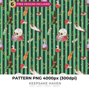 Puede incluir: Un patrón digital con un motivo repetitivo de calaveras, botas de bruja, escobas, setas, ojos y manos sobre un fondo de rayas verticales negras y verdes con estrellas y símbolos dorados. El texto dice 6 FREE DESIGNS INCLUDED.
