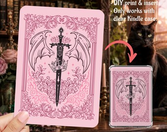 Romantasy Sword Dragon Wingspan Pink Burgundy Kindle Insert Clear Case PNG, Paperwhite, Basic, Colorsoft Printable, Digital Download