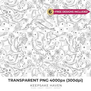 Dragon Pattern Digital Seamless PNG, Book Dragon Line Art Fantasy Era Lover Reader, Dragon Lover Gift for Sister, Bestie, Digital Download