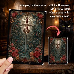 Arazzo fantasy per lettori, spade e rose, ricamo, inserto Kindle, custodia trasparente PNG, Paperwhite, base, Colorsoft stampabile, download digitale
