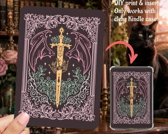 Romantasy Sword Dragon Pink Gold Green Kindle Insert Clear Case PNG, Paperwhite, Basic, Colorsoft Printable, Digital Download