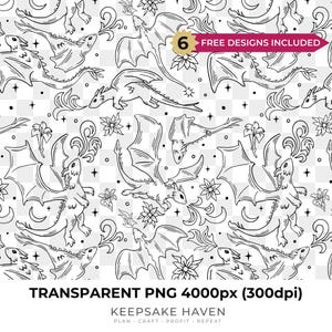 Dragon Pattern Digital Seamless PNG, Book Dragon Line Art Fantasy Era Lover Reader, Dragon Lover Gift for Sister, Bestie, Digital Download