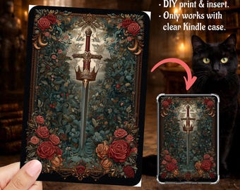 Fantasy Reader Tapestry Swords and Roses Embroidery, Kindle Insert Clear Case PNG, Paperwhite, Basic, Colorsoft Printable, Digital Download