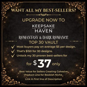 The image is an advertisement for a product called "Romantic & Dark Romance" that offers a "Top 30 Vault" for $37. It features a black background with gold accents and text promoting the product as a "Best Value for Sellers Creating Cohesive Product Line for Bookish Niche."