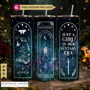 Romantasy Fantasy Reader, Bookish Merch, Vintage Tarot, 20oz Skinny Tumbler PNG, Seamless Full Wrap Sublimation Design, Digital Download