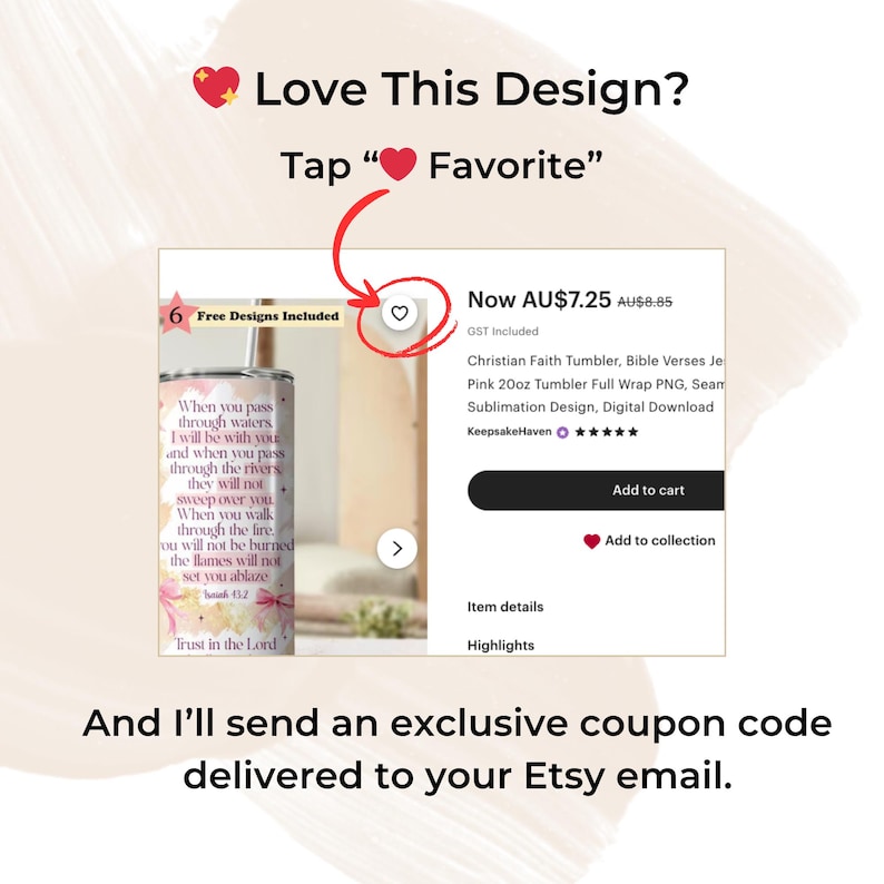 a product description and a button for adding the product to a cart. The product description includes a quote from the Bible verse " Isaiah 44:2" and a price of $7.25. The button allows the user to add the product to their cart and provides additional information such as item details and highlights. The image also includes a code for an exclusive discount code, which will be sent to the user's email.