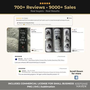 a collection of images related to a book titled "Book Dragon". The images include a book cover, a book tumbler, and a book-themed gift exchange. The image also includes commercial license information for small business owners.