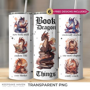 Anime Kawaii Book Dragon 20oz Tumbler Full Wrap PNG, Boho Beige Pink Blue Bookish Book Lover Gift, DIY Sublimation Reader, Digital Download