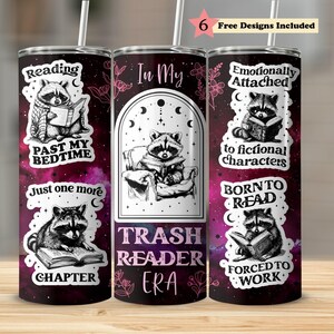 Mapache, panda, zarigüeya salvaje, época de los libros, vaso recto de 20 oz, sin costuras, PNG, descarga digital, regalo para el lector