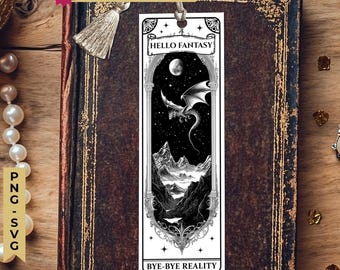 Romantasy Moonlight Gothic Book Dragon Bookmark SVG PNG, Printable Fantasy Clipart, Laser Cut Files, Magical Reader Gift, DIY Craft Download