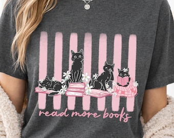 Bookish Cats Pink Stripes Read More Books, DTF Design or Sublimation Clipart PNG for Shirt, Printable Wall Art, Instant Digital Download