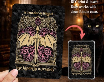 Romantasy Kindle Insert Clear Case Printable PNG Book Dragon Lover Pink Flowers, Paperwhite, Basic, Colorsoft Printable, Digital Download