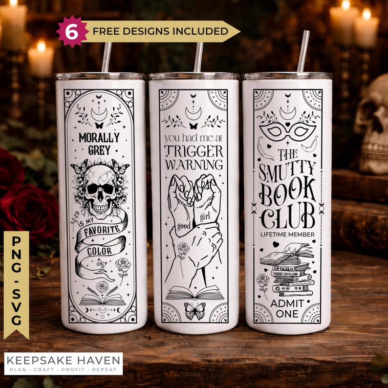 three white tumblers with black text and illustrations, each representing a different book club.