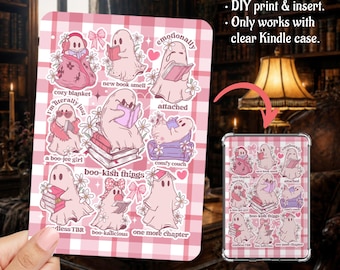 Bookish Ghosties Book Tropes Pink White Plaid Kindle Insert Clear Case PNG, Paperwhite, Basic, Colorsoft Printable, Digital Download
