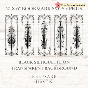 Chinoiserie Black Bookmark SVG PNG Bundle Knight Sword Religious Flowers Thorns Roses Sublimation, Fantasy Bookish Merch, Digital Download