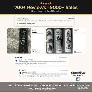 a collection of images related to a book titled "Book Dragon". The images include a book cover, a book tumbler, and a book-themed gift exchange. The image also includes commercial license information for small business owners.