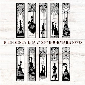 May include: Ten black and white vertical bookmarks featuring intricate Regency-era silhouettes and text. Each bookmark measures 5.08 cm by 20.32 cm and displays various romantic scenes, ornate architectural frames, and phrases like In My Regency Era.