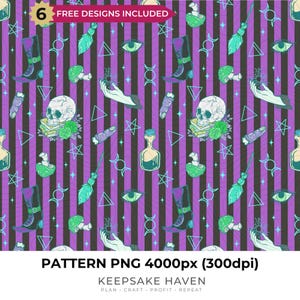 Puede incluir: Un patrón digital sin costuras con rayas verticales moradas y negras, decorado con ilustraciones de calaveras, setas verdes, escobas, botas, manos, botellas, ojos y formas geométricas. El texto dice 6 FREE DESIGNS INCLUDED.
