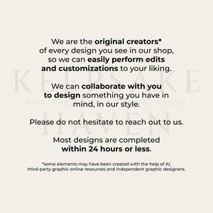 text that reads: "We are the original creators of every design you see in our shop, so we can easily perform edits and customizations to your liking. We can collaborate with you to design something you have in mind, in our style. Please do not hesitate to reach out to us. Most designs are completed within 24 hours or less. "Some elements may have been created with the help of AI. Third-party graphic online resources and independent graphic designers."