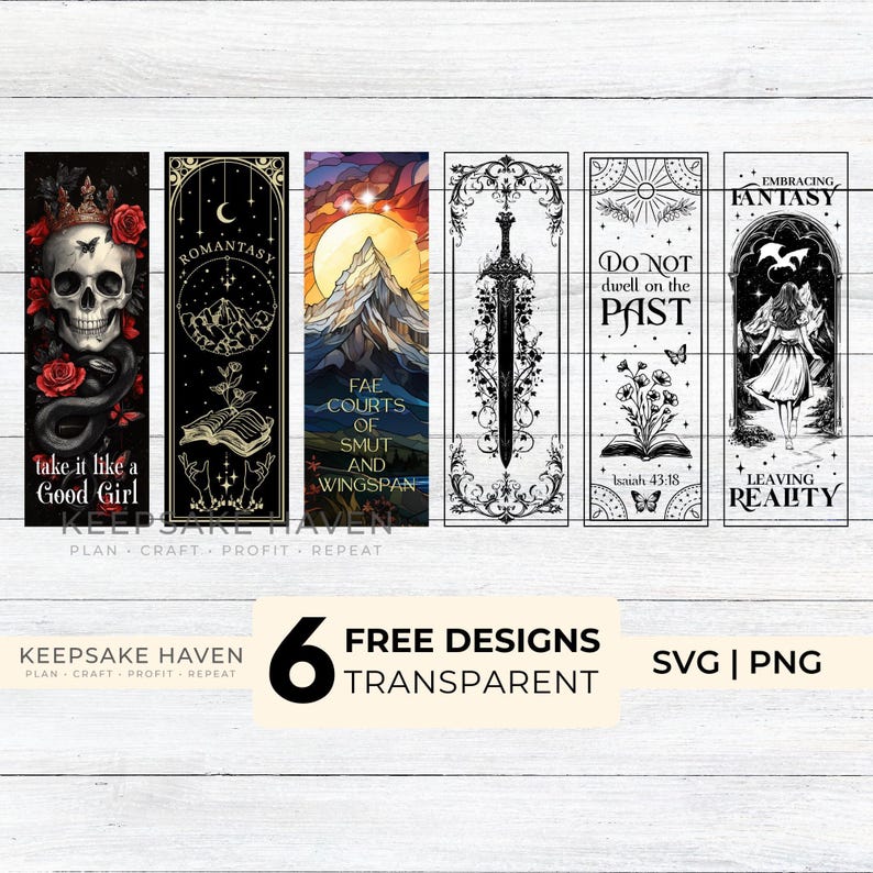 six distinct design elements, including a skull, a mountain, a sword, a book, a butterfly, and a quote. The designs are presented in a collage format, with each element showcasing its own unique style and theme. The image does not contain any text, and the descriptions provided are limited to the visual elements and do not include any additional information.