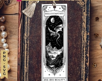 Romantasy Moonlight Gothic Book Dragon Bookmark SVG PNG, Printable Fantasy Clipart, Laser Cut Files, Magical Reader Gift, DIY Craft Download