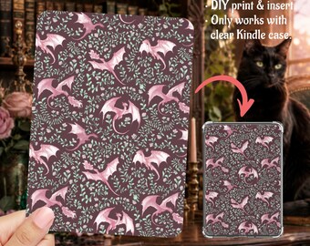 Romantasy Pink Flying Dragons Plum Cottagecore Kindle Insert Clear Case PNG, Paperwhite, Basic, Colorsoft Printable, Digital Download
