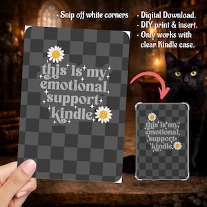 Daisy Emotional Support Grey Black Checkered Pattern, Kindle Insert Clear Case PNG, Paperwhite, Basic, Colorsoft Printable, Digital Download