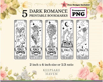 Pacote de marcadores de página imprimíveis com rosas esqueléticas, marcador de página literário PNG, clube do livro de romance sombrio e picante, presente obsceno para leitor, download digital