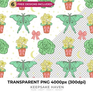 Retro Cabbage Colour Pot in Transparent PNG, Seamless Digital Pattern Paper Print for Scrapbooking Wallpaper Fabric, Digital File Download