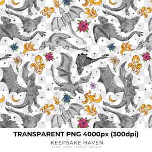 Black Dragon Seamless Pattern Transparent PNG, Digital Watercolor Fantasy Art, Kids YA Fantasy, Sublimation Design, Digital Download