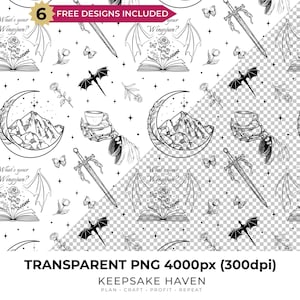 Puede incluir: Patrón sin costuras en blanco y negro con elementos de fantasía. Incluye ilustraciones de espada, alas de dragón, mariposas, una taza de té sostenida por una mano de esqueleto, una luna creciente con montañas y un libro abierto con rosas. Texto: "What's your Wingspan?"