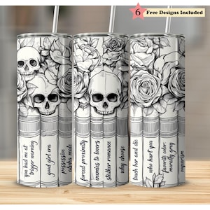 Dark Romance Tropes Skull Roses Vintage boekenplank 20oz magere beker PNG, naadloze volledige omslag sublimatieontwerp, digitale download