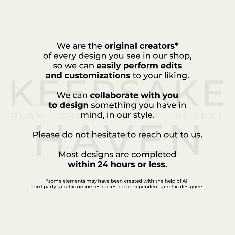 text that provides information about a shop, their collaboration with customers, and the completion time for most designs. The text is written in a simple, straightforward style and does not contain any redundancy or vague descriptions.
