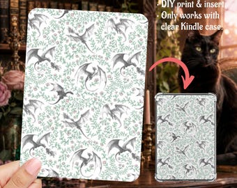Romantasy Black Dragons White Background Kindle Insert Clear Case PNG, Paperwhite, Basic, Colorsoft Printable, Digital Download