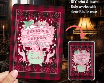 Witchy Tarot Emotional Support Pink Burgundy Plaid Kindle Insert Clear Case PNG, Paperwhite, Basic, Colorsoft Printable, Digital Download