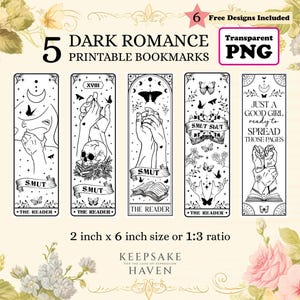 Könnte beinhalten: Fünf schwarz-weiße, druckbare Lesezeichen mit Strichzeichnungen von Händen, Totenköpfen, Schmetterlingen und Büchern. Der Text umfasst '5 DARK ROMANCE PRINTABLE BOOKMARKS', 'SMUT', 'THE READER' und 'JUST A GOOD GIRL ready to SPREAD THOSE PAGES'. Größe 5 cm x 15 cm.