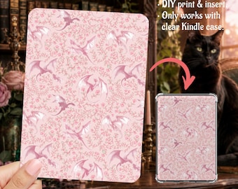 Romantasy Pink Flying Dragons Vine Cottagecore Kindle Insert Clear Case PNG, Paperwhite, Basic, Colorsoft Printable, Digital Download