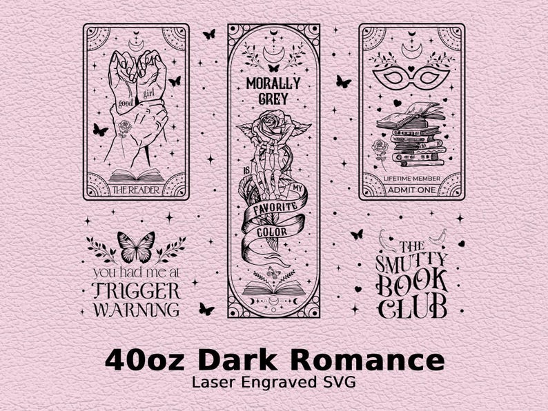 a pink book cover with black and white illustrations on it