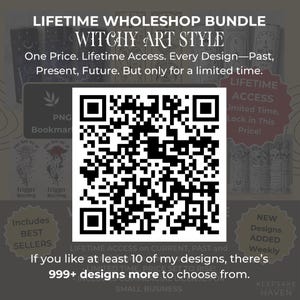 The image is a promotional poster for a Lifetime Wholeshop Bundle that offers witchy art style designs. The poster includes a QR code and a list of designs, along with a call to action to purchase the bundle.